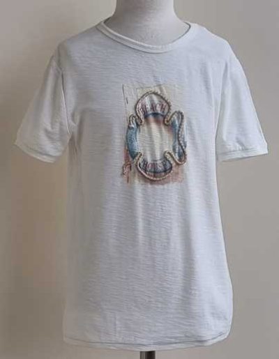 Zara ecru t-shirt met applicatie mt. 122