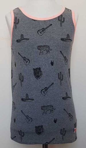 128.Sturdy grijs singlet met zwarte printjes mt. 128