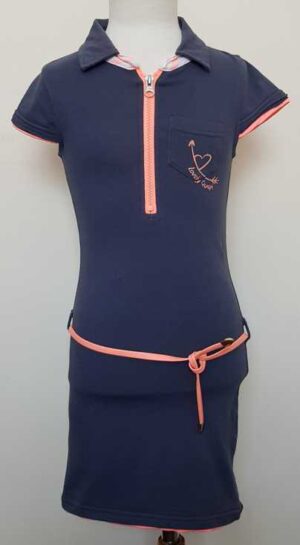 122.Quapi grijs/blauw jurkje met neon oranje accenten mt. 122/128