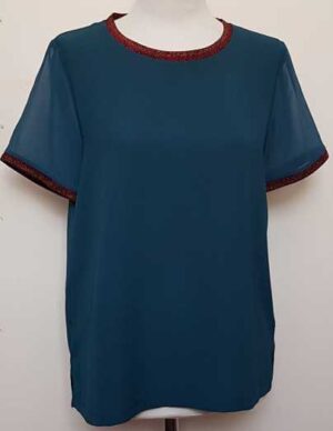 Hema groene blouse met oranje/rode boordjes mt. M