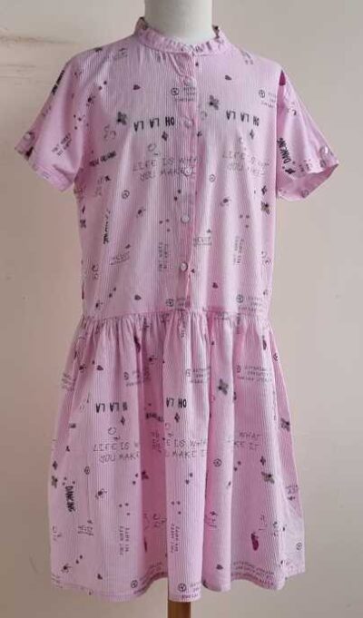 164.Name It roze gestreept jurkje met printjes mt. 164
