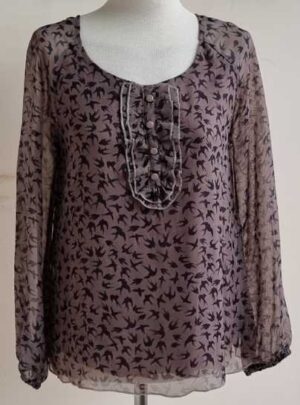 Vero Moda taupe blouse met vogeltjes print mt. S