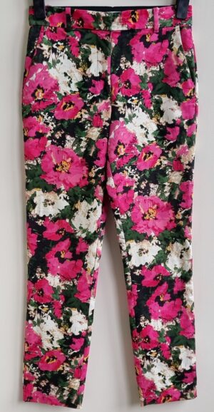 H&M groene stretchy broek met roze bloemen mt. 36
