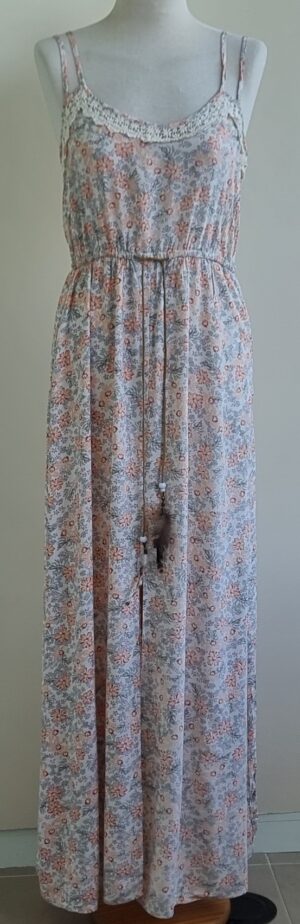 Review ecru soepelvallende lange jurk met prints mt. M