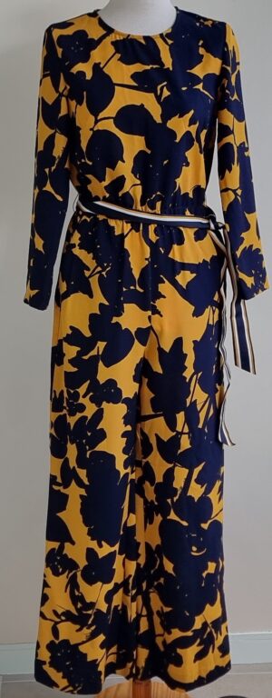 H&M donkergele jumpsuit met donkerblauwe print mt. 36
