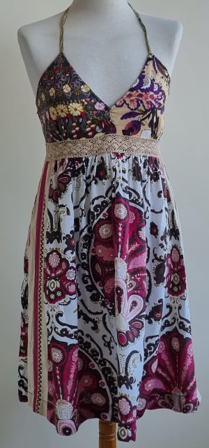 Dept gekleurd linnen halter jurkje mt. M