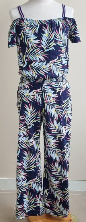 We Fashion blauwe jumpsuit met bladerenprint mt. 134/140
