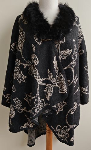 Grijze poncho/cape met print en bont mt. 50