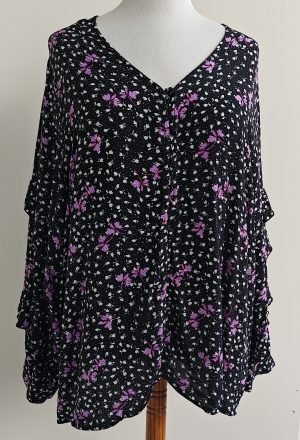 MS Mode zwarte blouse met wit/lila prints mt. 52